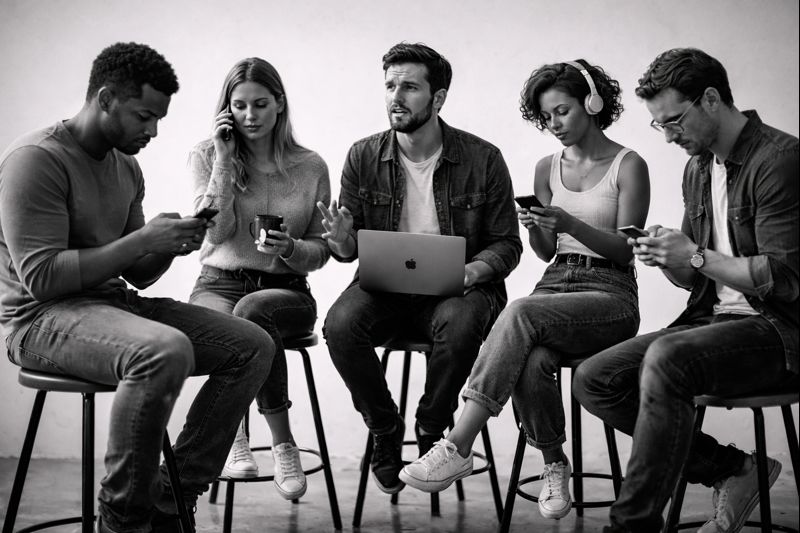 Person trying to speak while everyone else ignores them, absorbed in devices