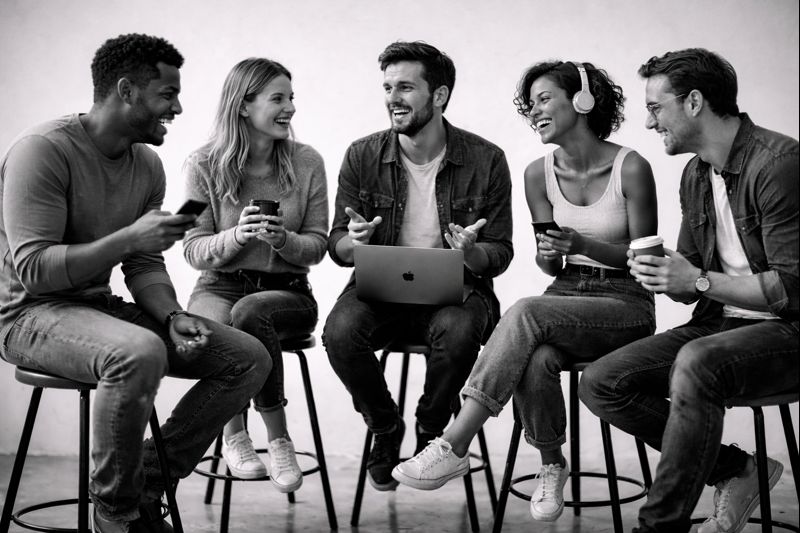 Group of friends laughing together, representing vibrant AI-native communities